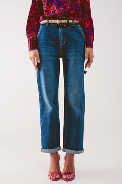 Cotton Boyfriend Jeans With Stretch in Medium Blue