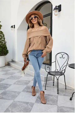 Women's Chic Off-Shoulder Cable Knit Sweater