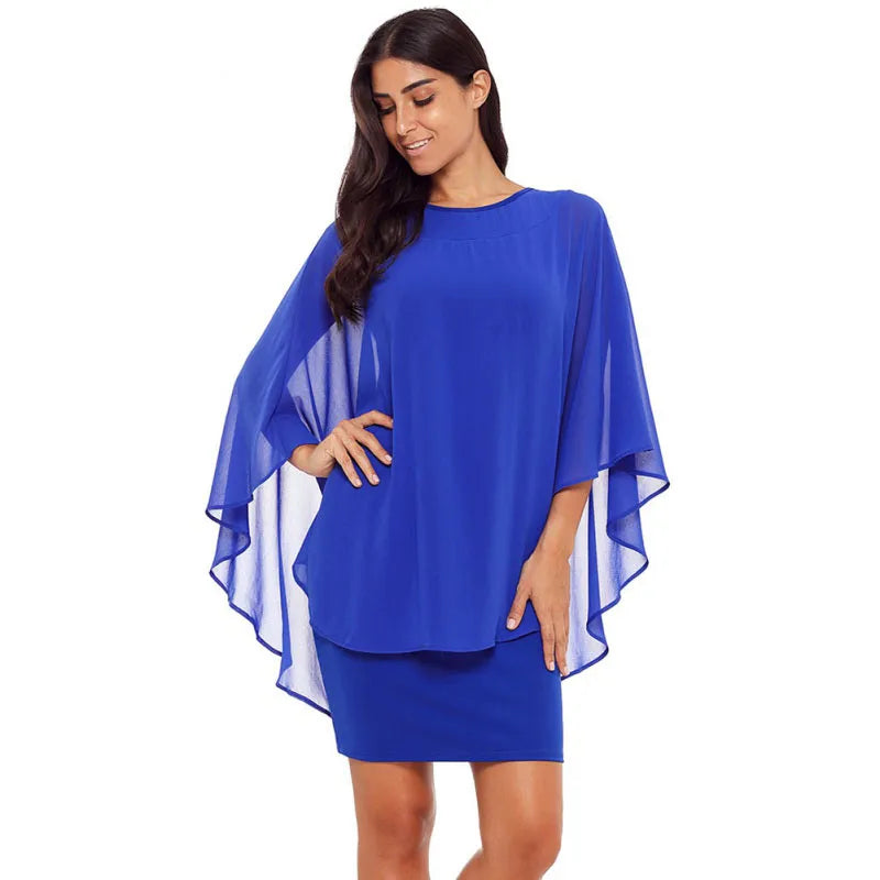 Women's Chiffon Dress Casual Fashion Fake Two Pieces Batwing Sleeve Elegant Cape