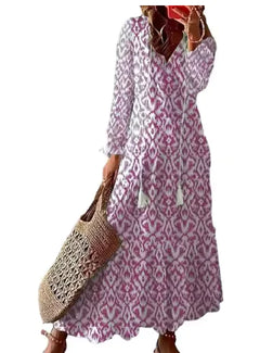 Bohemian V-Neck Long Sleeve Midi Dress for Women