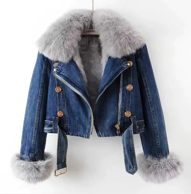 Denim Coat with Removable Fox & Rabbit Fur Liner