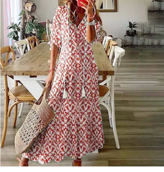 Bohemian V-Neck Long Sleeve Midi Dress for Women