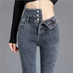 Women's High Waist Jeans Trendy Plush Fleece