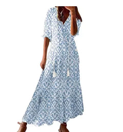 Bohemian V-Neck Long Sleeve Midi Dress for Women