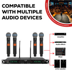 5 Core Wireless Microphone System 4 Channel UHF 492F Range Portable Receiver w Cordless Mic